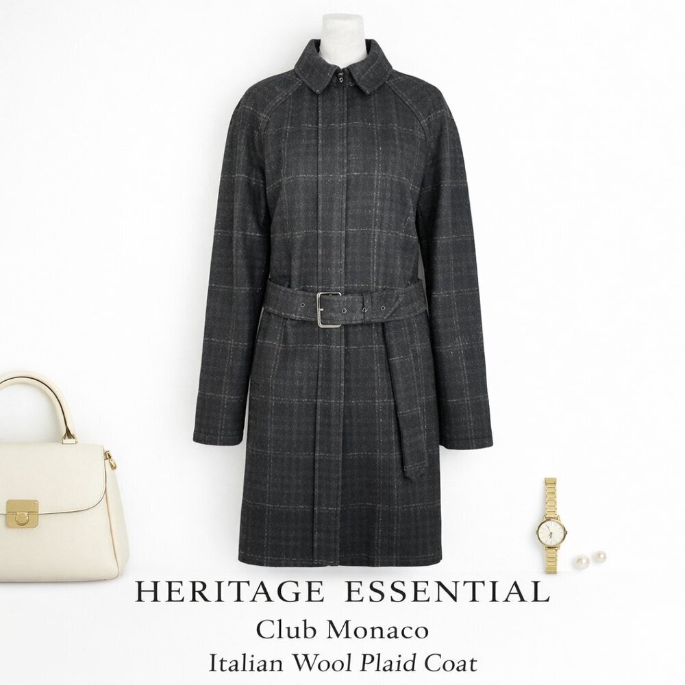 Club Monaco Italian Wool Plaid Belted Coat 40 | Tailored Gray Jacket